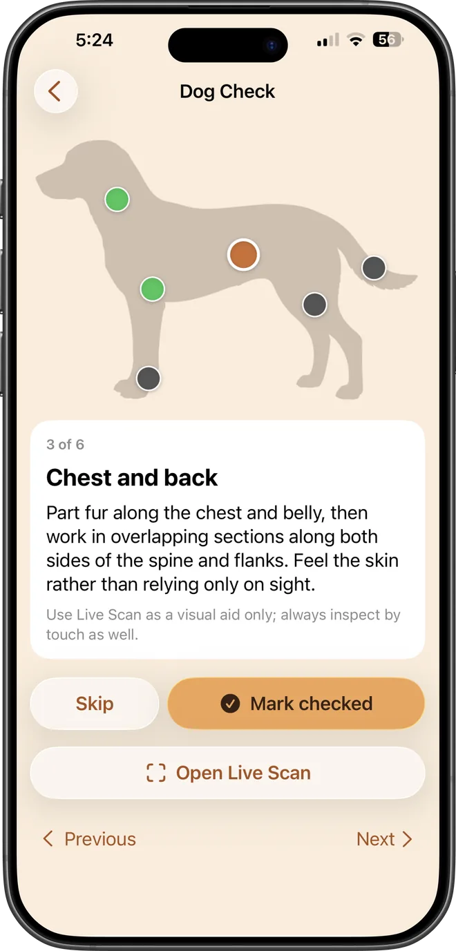 TickSentry guided dog check showing the chest and back step.