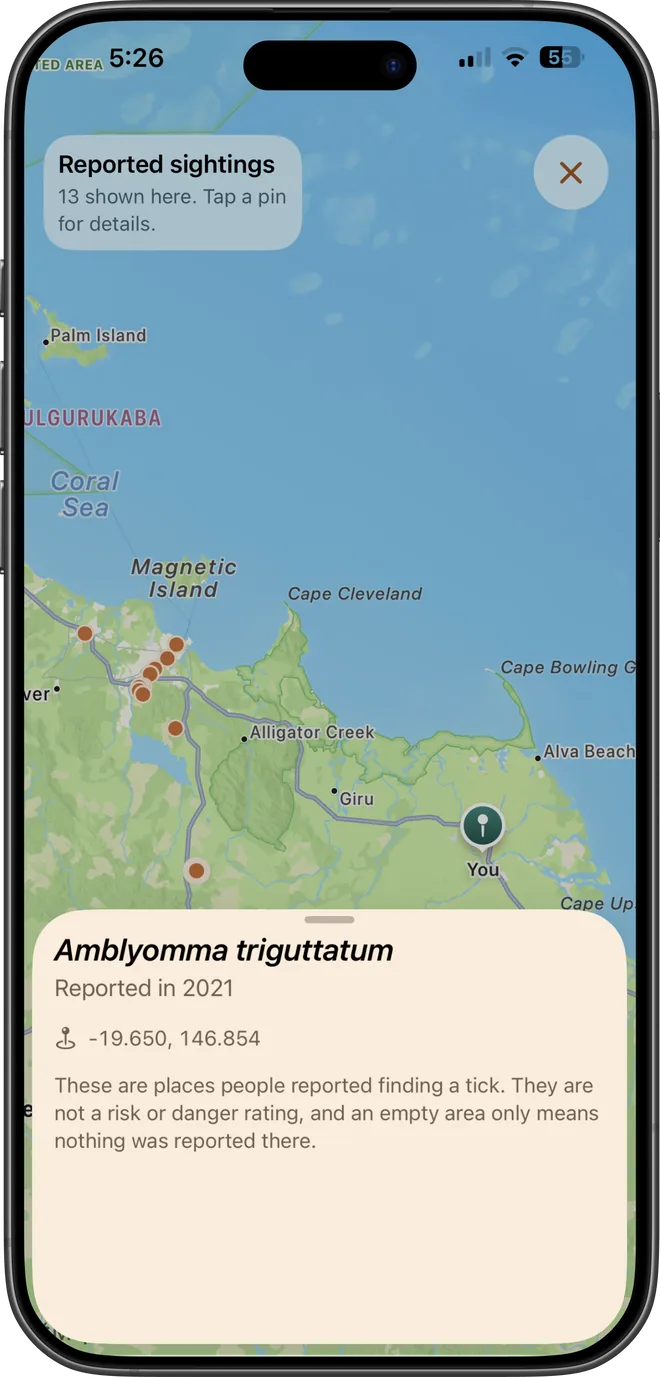 An individual tick sighting record in TickSentry.