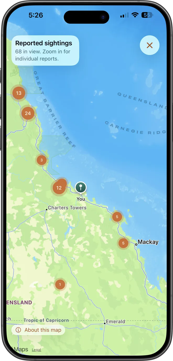 TickSentry sightings map showing clustered reported tick occurrences.