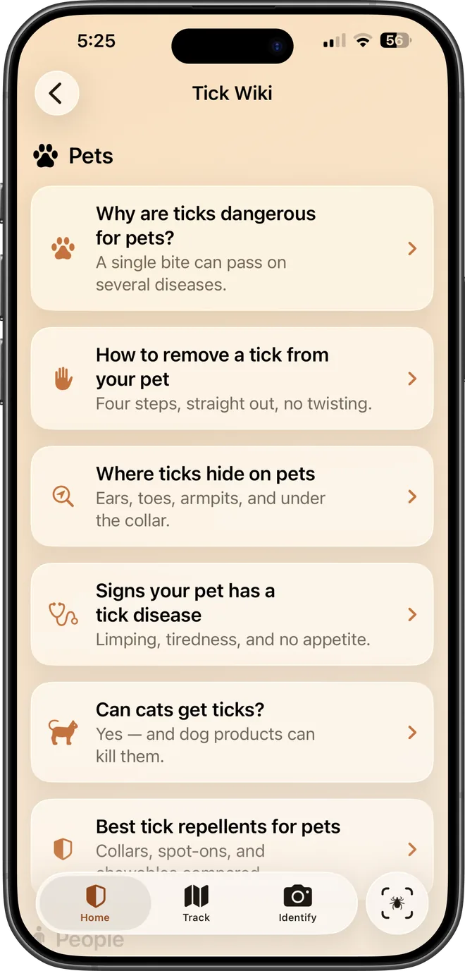 The TickSentry Tick Wiki article list on an iPhone.